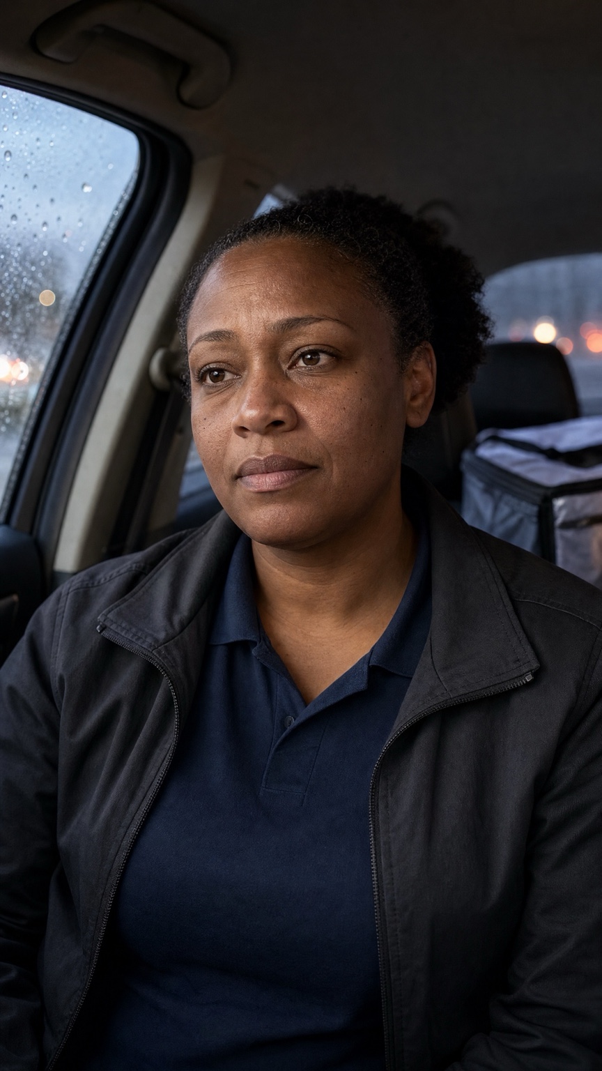 Angela Brooks seated in her car during rain