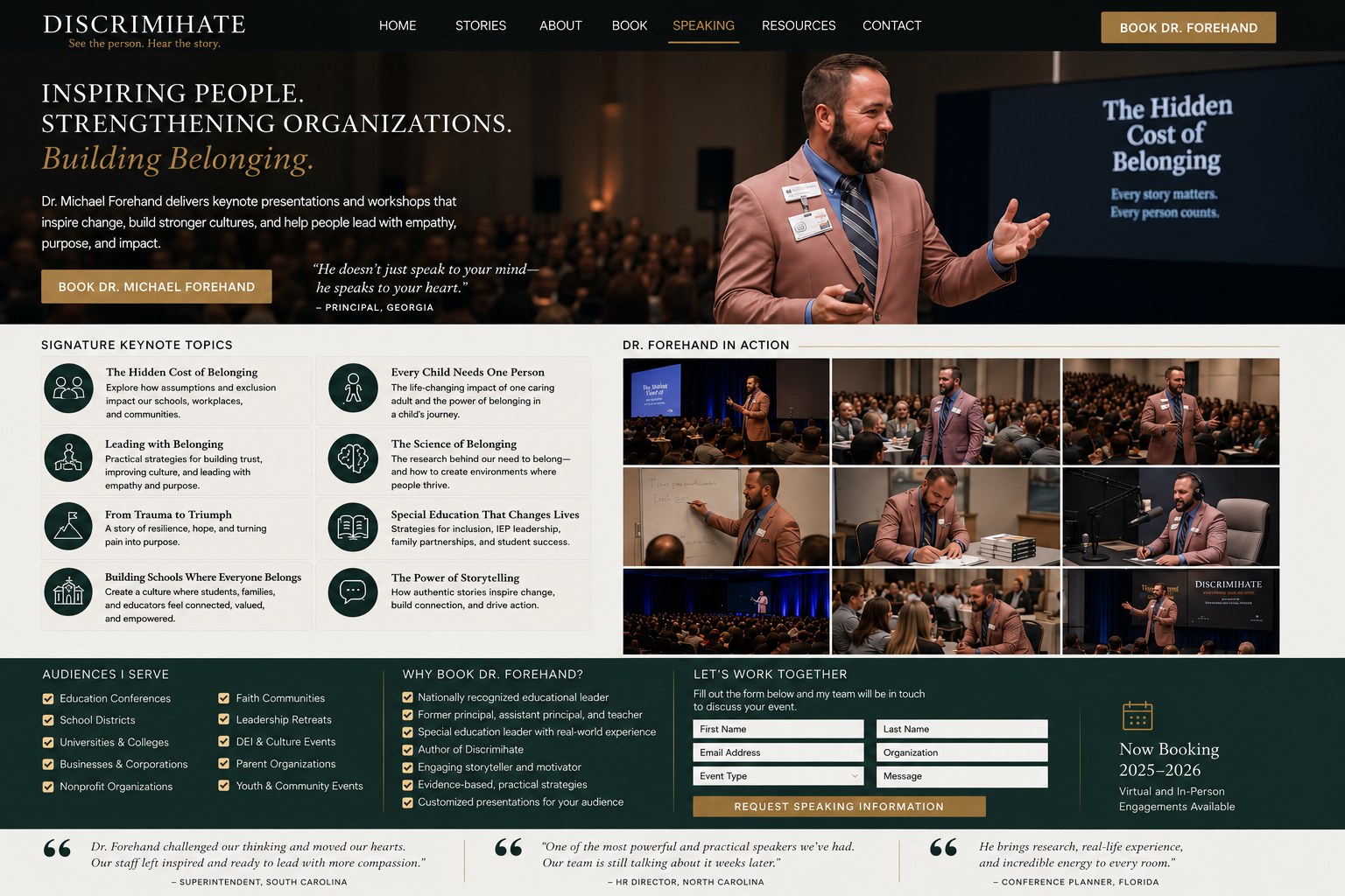 Visual overview of Dr. Michael Forehand's speaking topics, event settings, audiences served, and booking information